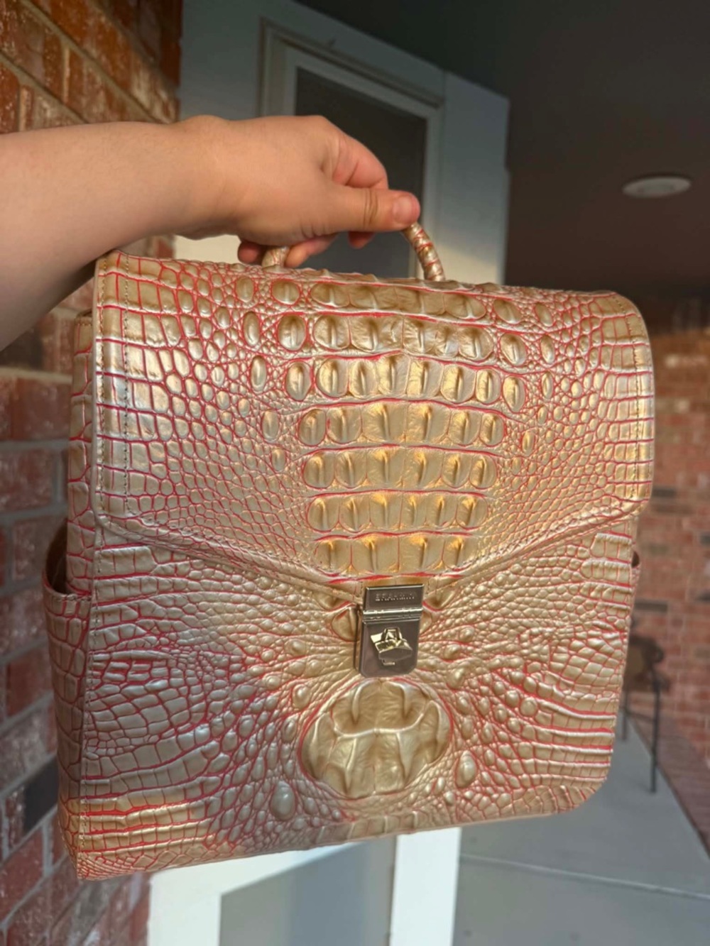 Brahmin Liz Sunkiss Melbourne Croc Embossed Leather BackPack red beige